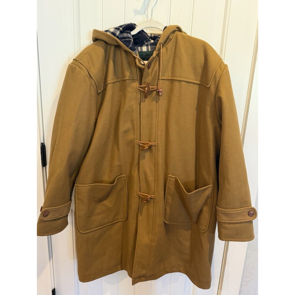 Vintage Scandia Woods Men XL Duffle Coat Camel Wool Hood Plaid Lined Toggle